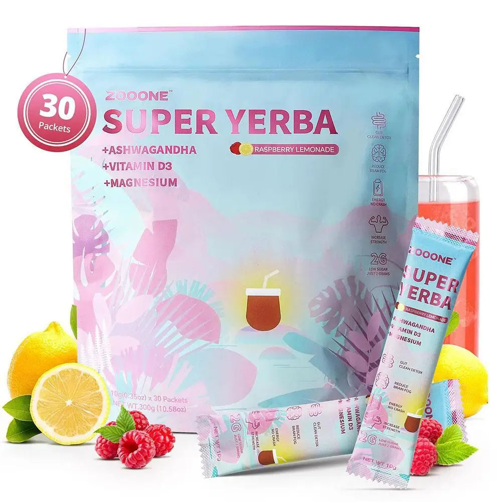 Super Yerba Instant Drink Powder,30 Packets with Probiotic Ashwagandha,Vitamin Promote Gut Intestinal Health Digestion Immunity