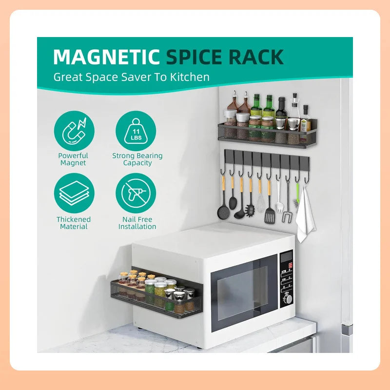 Magnetic Kitchen Organizer | Spice Rack, Utensil Holder, & Paper Towel Bar (No-Drill)