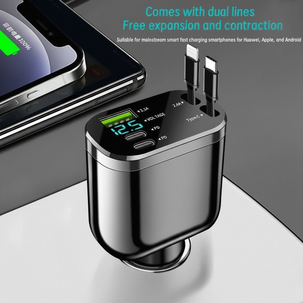 5-in-1 Ultra Fast Car Charger | Dual PD Ports & Digital Voltage Display