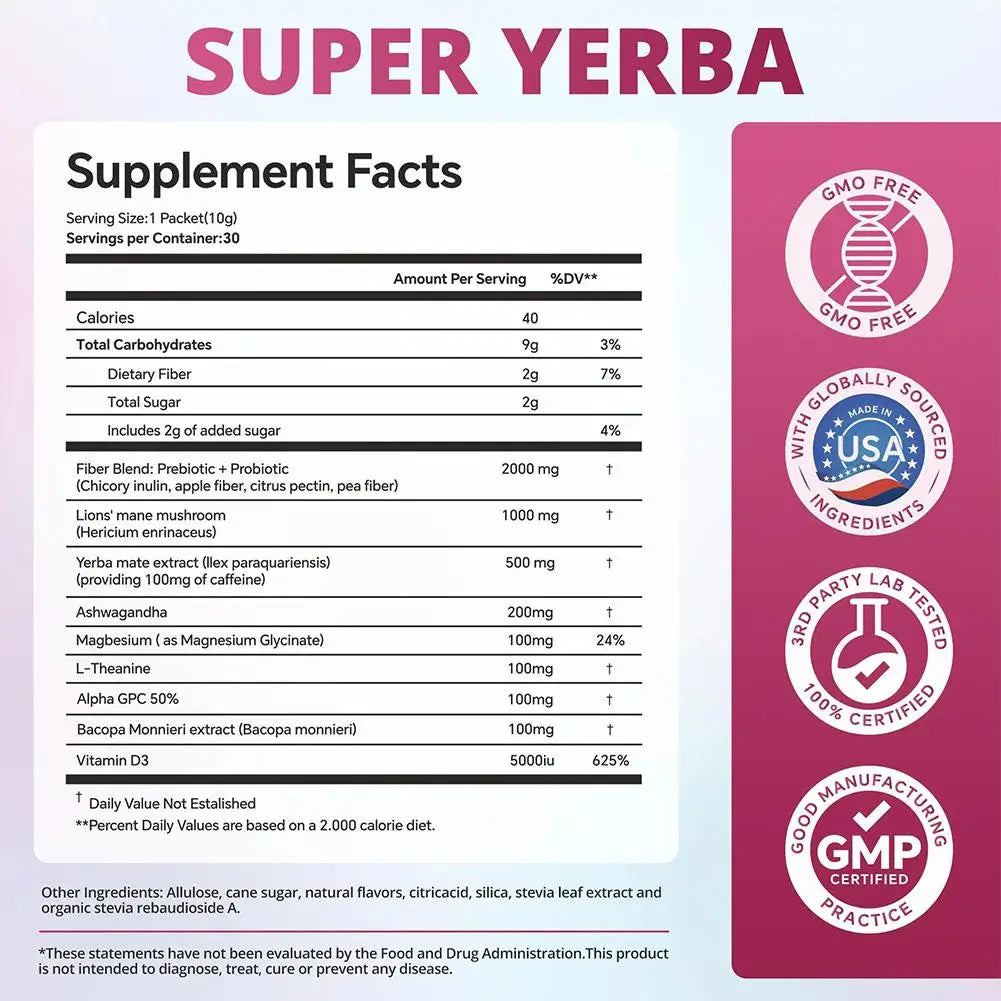 Super Yerba Instant Drink Powder,30 Packets with Probiotic Ashwagandha,Vitamin Promote Gut Intestinal Health Digestion Immunity