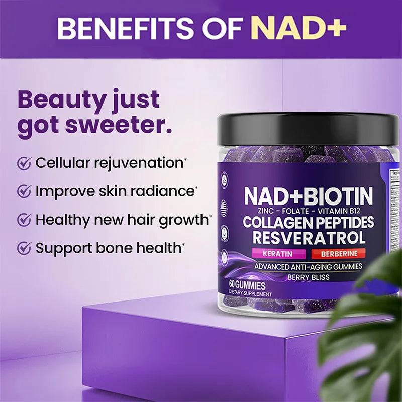 NAD+ Resveratrol & Biotin Anti-Aging Gummies | K2, D3, & Berberine Multi-Supplement