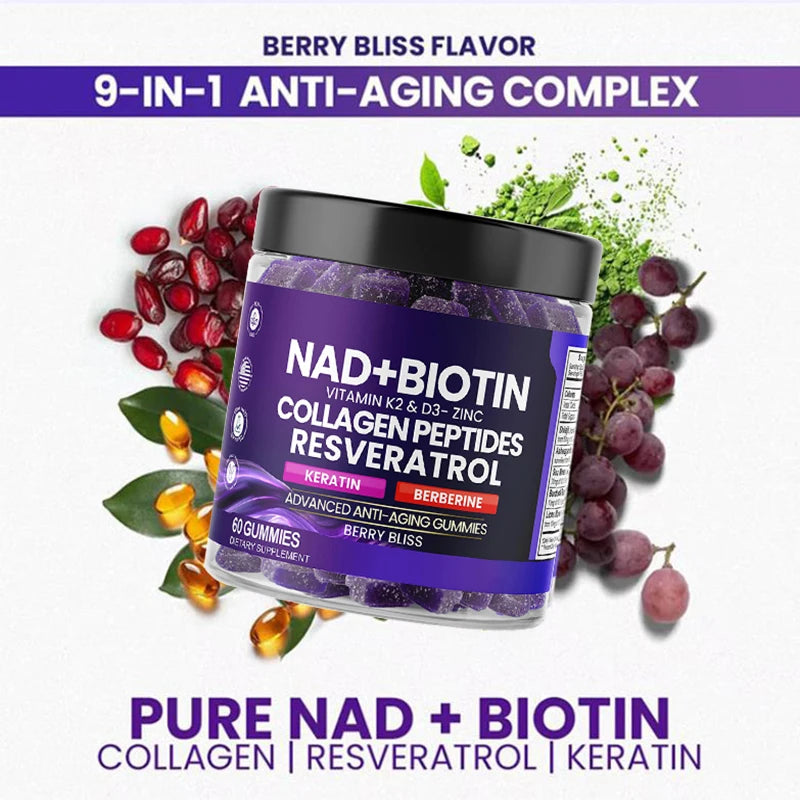 NAD+ Resveratrol & Biotin Anti-Aging Gummies | K2, D3, & Berberine Multi-Supplement