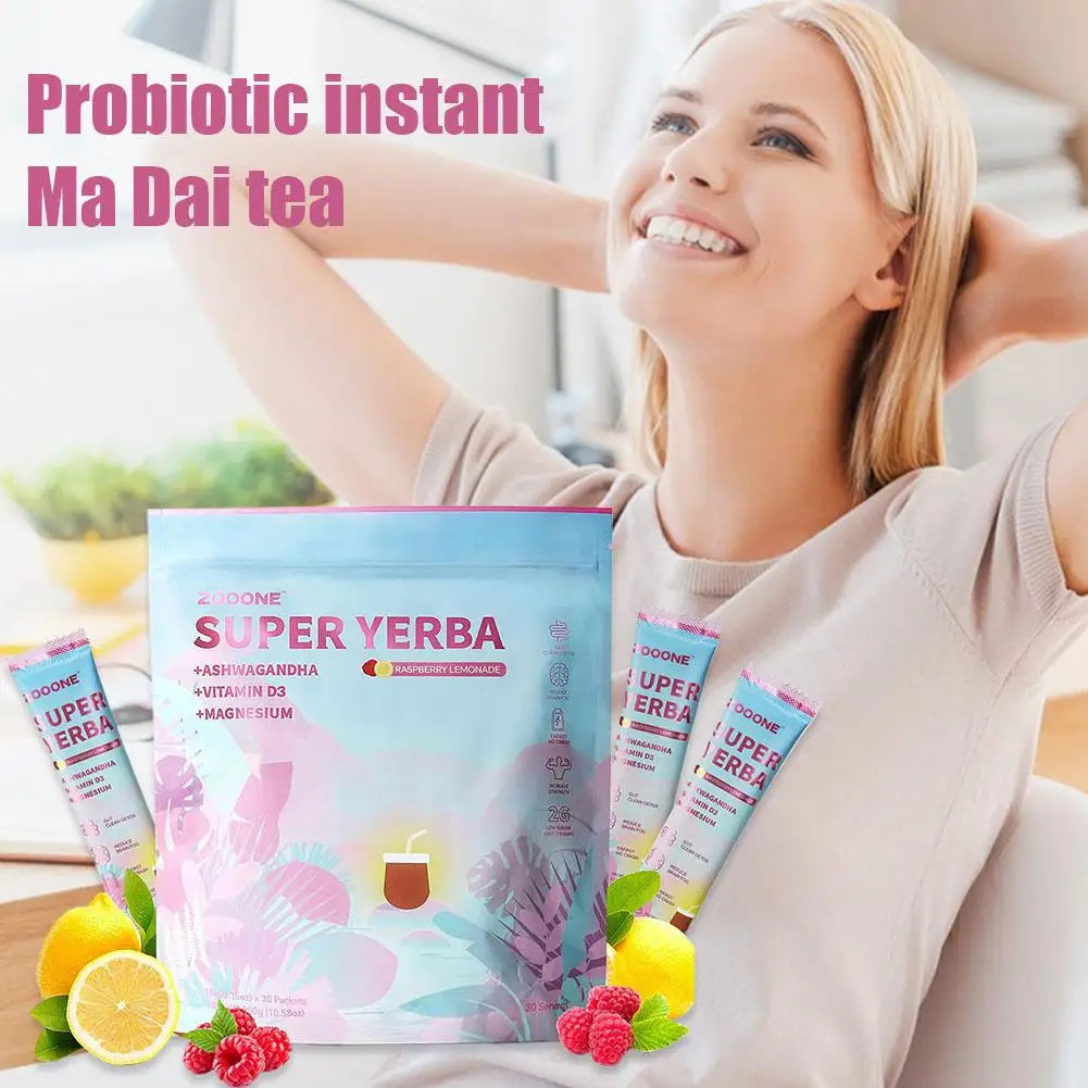 Super Yerba Instant Drink Powder,30 Packets with Probiotic Ashwagandha,Vitamin Promote Gut Intestinal Health Digestion Immunity