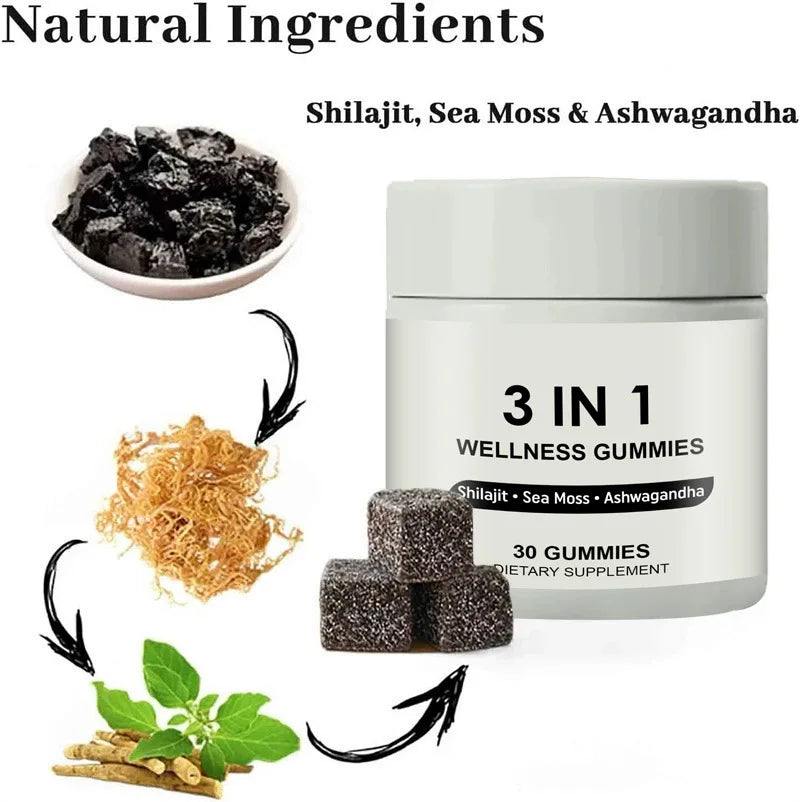3-in-1 Shilajit, Sea Moss, Ashwagandha Gummies | Wellness Supplement for Increased Energy (30ct)