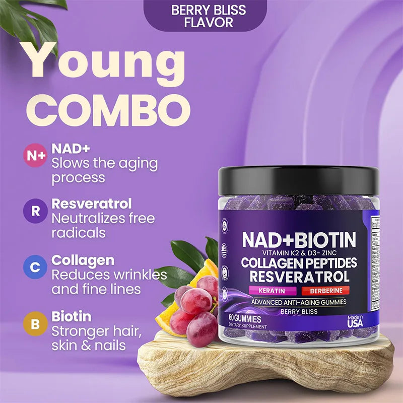 NAD+ Resveratrol & Biotin Anti-Aging Gummies | K2, D3, & Berberine Multi-Supplement
