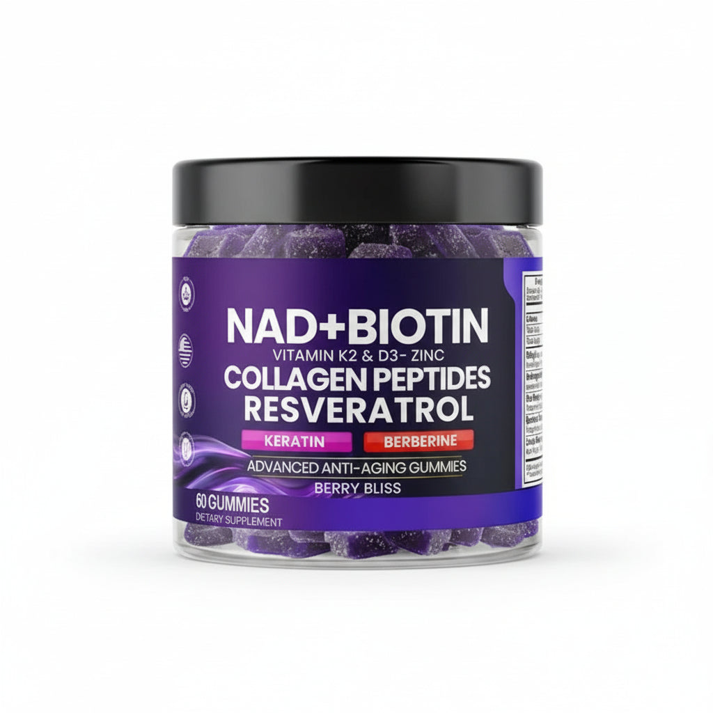 NAD+ Resveratrol & Biotin Anti-Aging Gummies | K2, D3, & Berberine Multi-Supplement