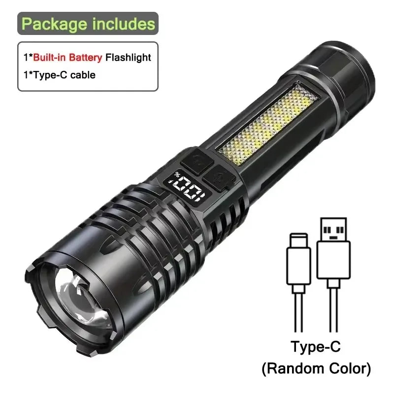 High Power COB LED Flashlight | TYPE-C Rechargeable Torch with Side Light for Camping