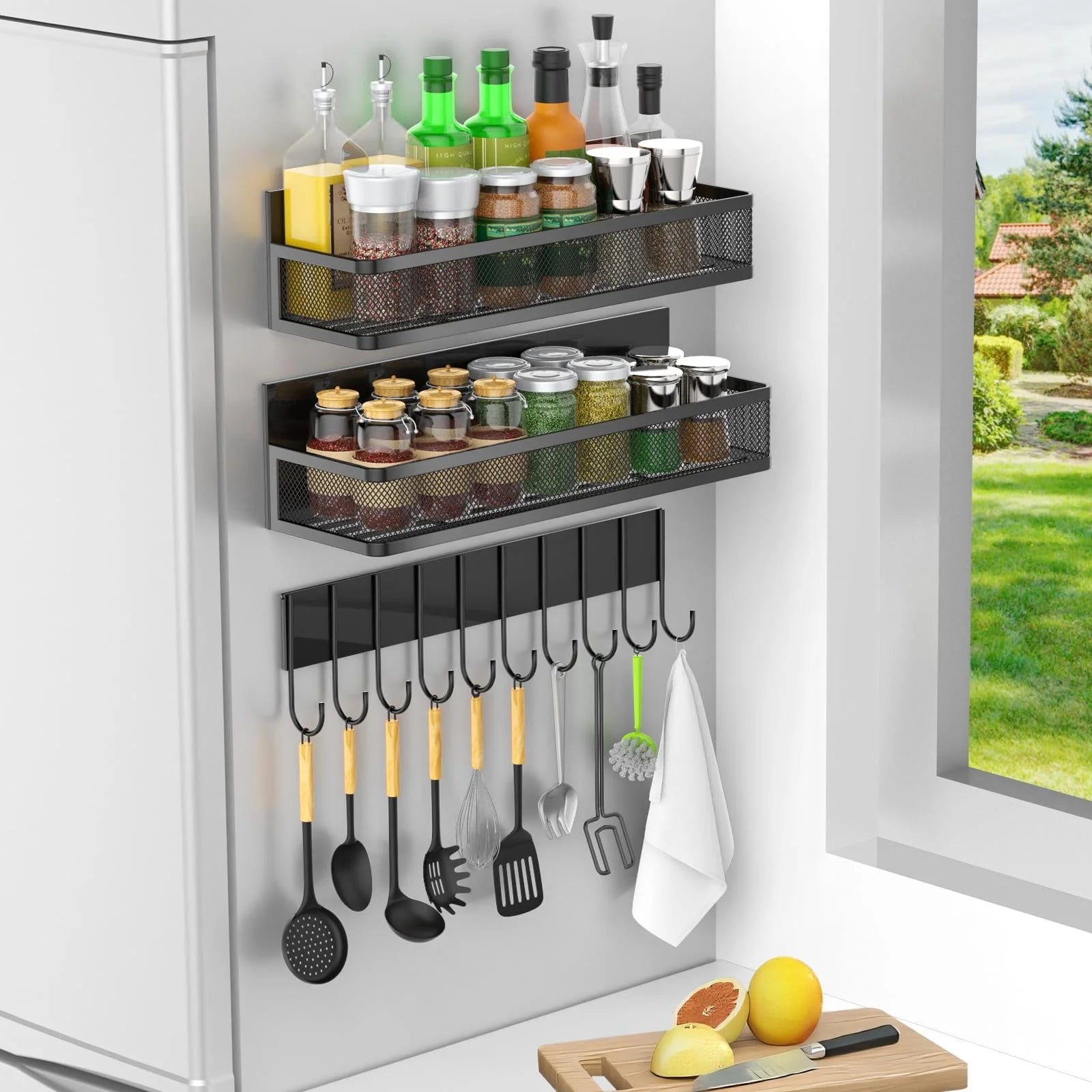 Magnetic Kitchen Organizer | Spice Rack, Utensil Holder, & Paper Towel Bar (No-Drill)